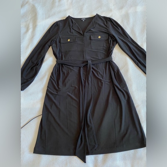 Jones New York stretchy jersey tie belt balloon sleeve black dress. - Picture 1 of 12